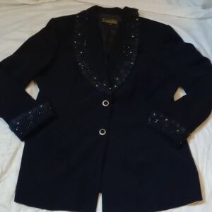 Elegant Midnight Black Blazer with Beaded Accents, Size 16